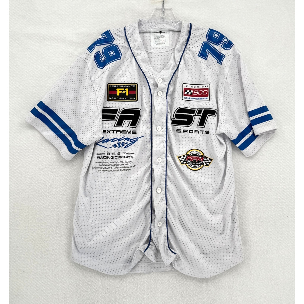 Copper Rivet Racing Fast Extreme Sports Mens White Baseball Jersey Sz XL